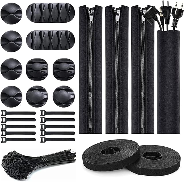Oksdown 126 Pack Black Cable Management Organizer Kit Include 4 Cable Sleeve with Zipper +10 Self Adhesive Cable Clips Holder +10 and 2 Pcs 5m Long Reusable Straps +100 Nylon Cable Ties Cord Wire Tidy