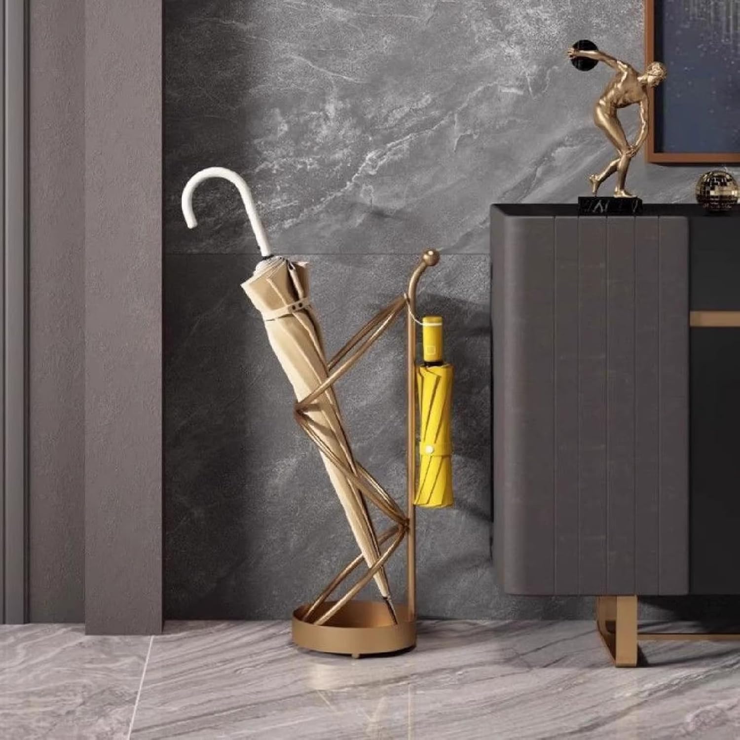 Golden Metal Umbrella Stand Rack,Free Standing Round Umbrella Holder Bin for Entrances,Canes Walking Sticks Holder for Entryway, Home, Office