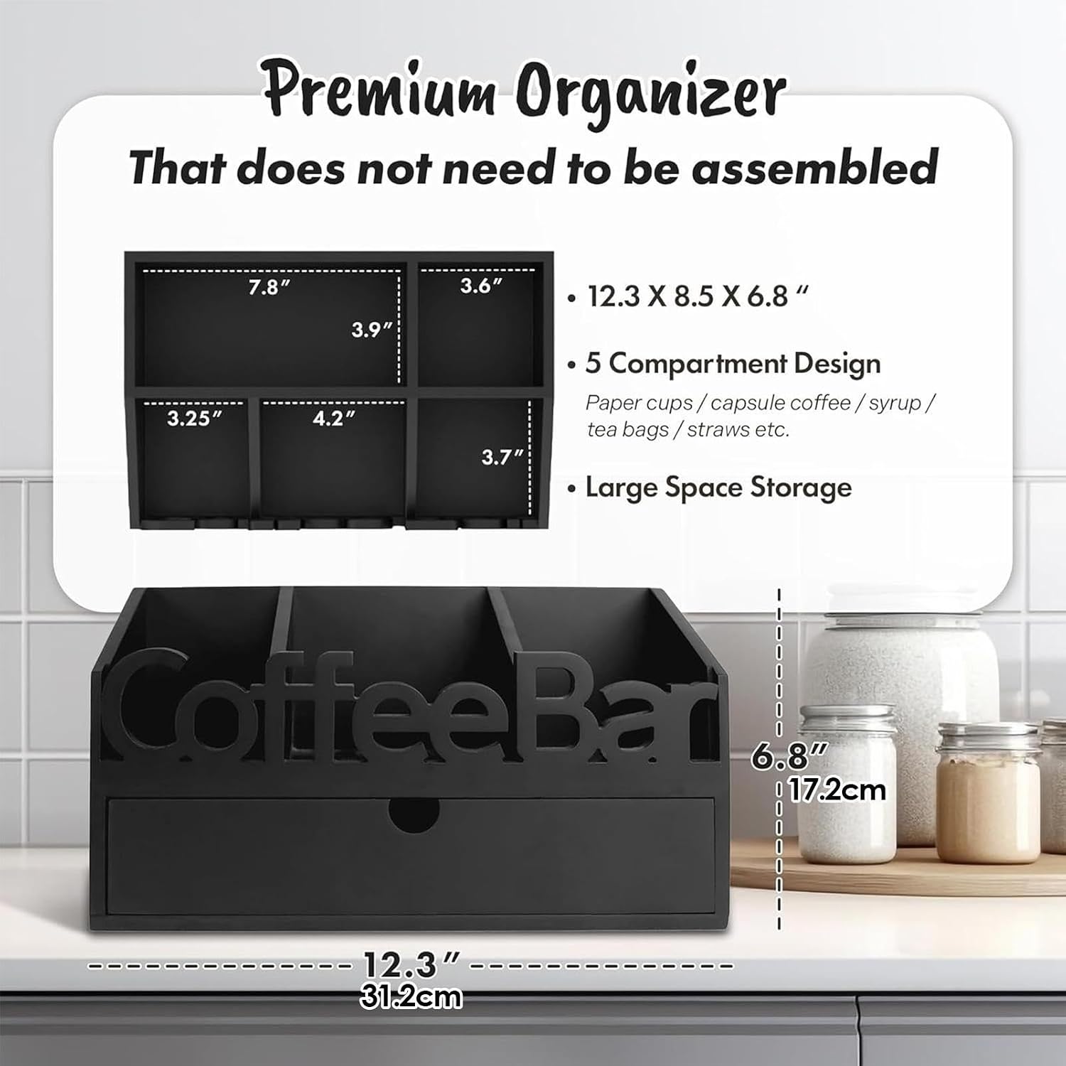 Wooden Coffee Station, Large Pod Holder and Syrup Organizer for Kitchen Countertop with Drawer, Rustic Solid Wood Texture Feature, Space Saving Storage Aid, Tea Stirrer Cup Tray Universal Size