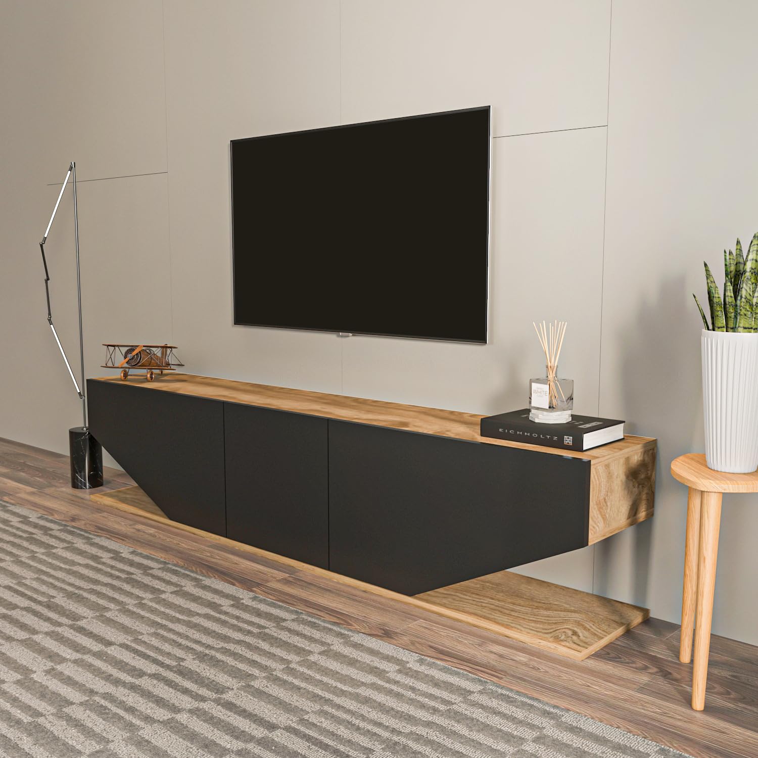 DECOROTIKA Meuble TV 180 cm Moderne avec Rangement et Portes – Noir et Chêne