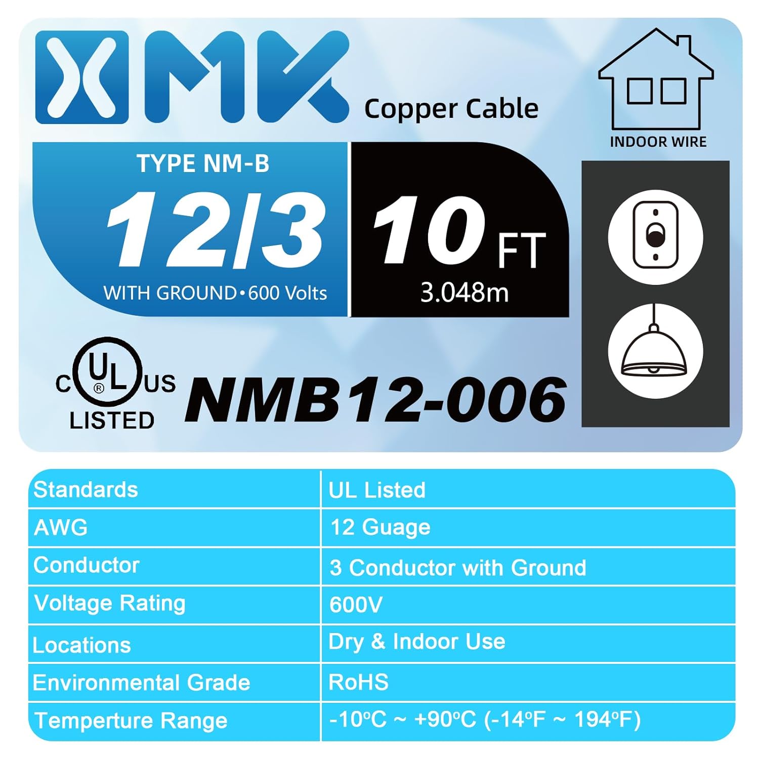 10FT 12/3 NM-B Wire with Ground,12-3 12AWG Copper Wire 12 Gauge 3 Conductor Residential Electrical Wiring,12/3 W/G NMB Cable Solid Indoor Nonmettalic Sheathed Cable with Ground for Switch,Outlet,Light