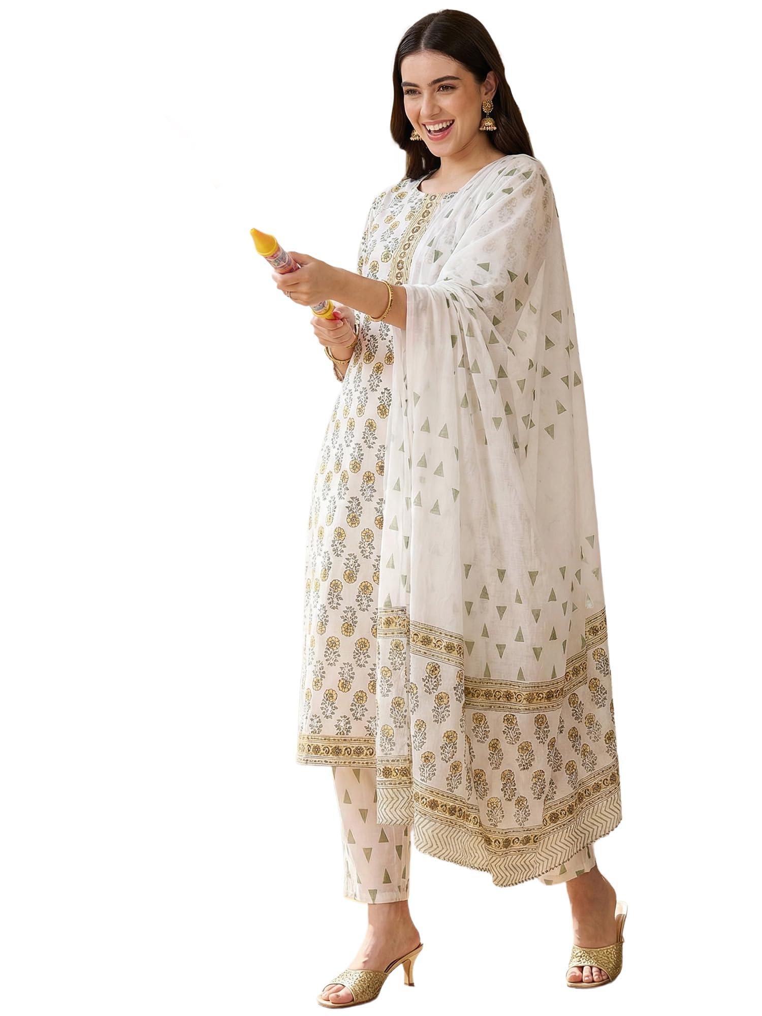 Women's Pure Cotton Ethnic Motifs Printed Calf Length Straight Round Neck Kurta & Pant with Dupatta Set (HOLAI11627)-image-44