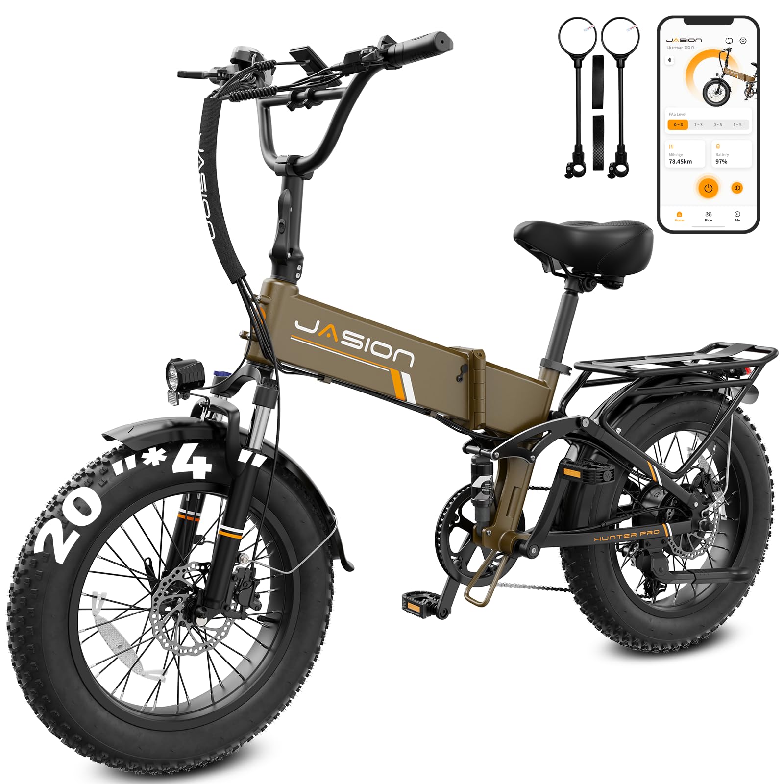 Jasion X Hunter PRO Electric Bike for Adults,1800W Peak 20''Fat Tire Foldable Ebike,Folding E Bike Up to 80+ Miles Range,720WH Removable Battery,30+MPH E Bike,Certified by UL2849