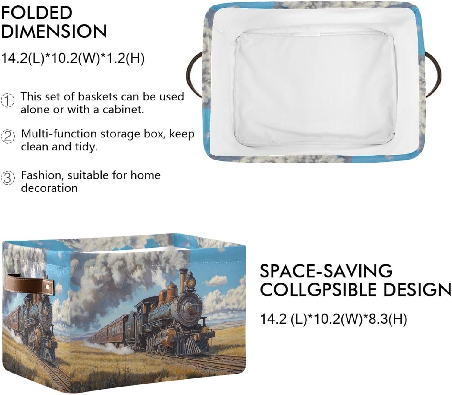 Rectangular Storage Basket with Handle Engine Train Moving Collapsible Organizer Bin Shelf Baskets for Closet Office Nursery Home Decor 2 Pack