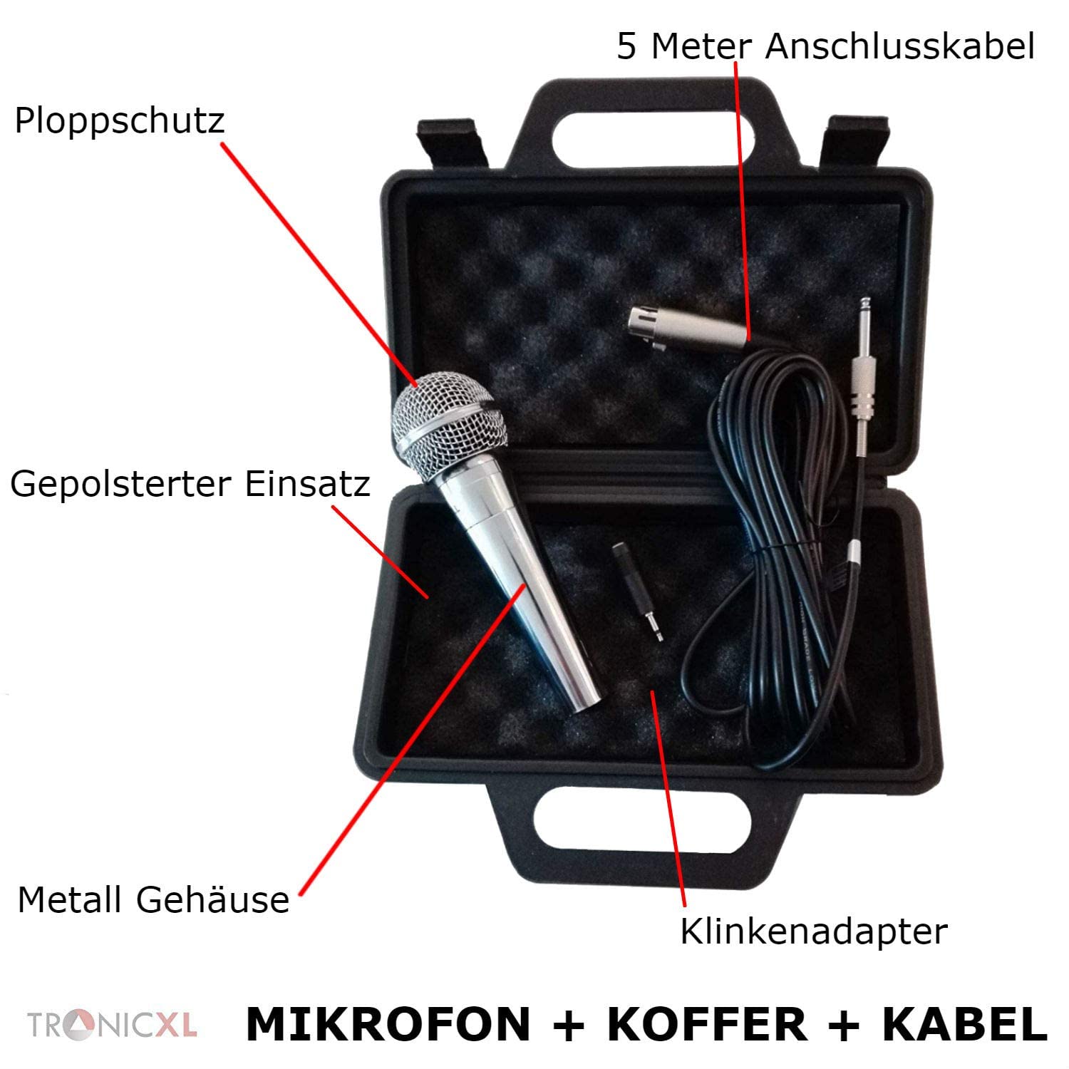 TronicXL Premium Mikrofon dynamisch - Silber - Gesang & Bühne + 5m Kabel XRL I 6,35mm I 3,5mm Klinke Mic Set Micro Gesangs Mikro dynamisches