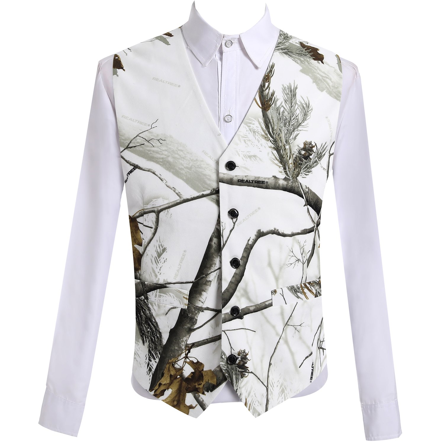 Mens 1 Piece 5 Button Real Tree Camo White Slim Fit V-Neck Vests