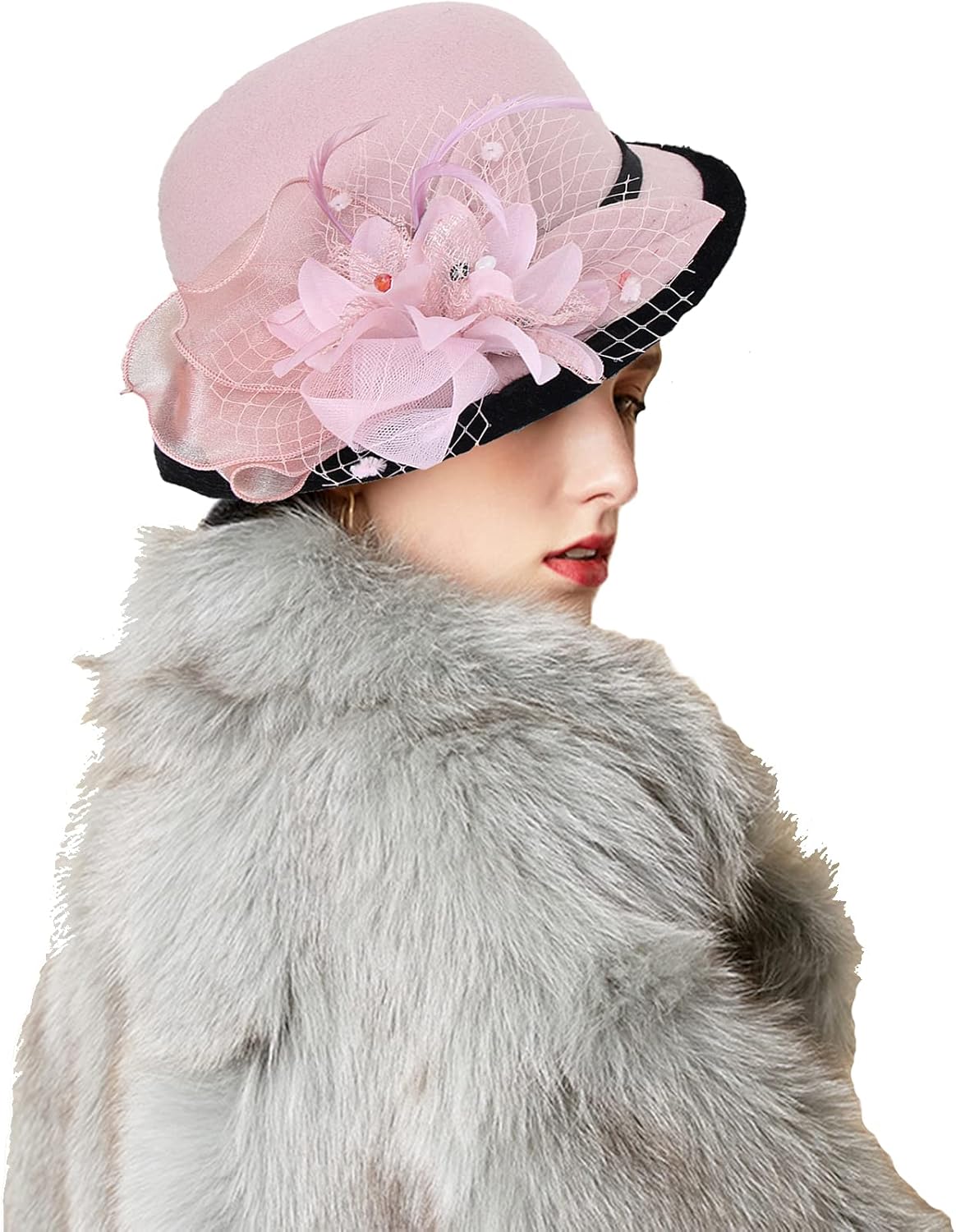 seven wolves Wool Felt Cloche Fedora Hat Winter Warm Bucket Hat Ladies Church Derby Party - Image 2