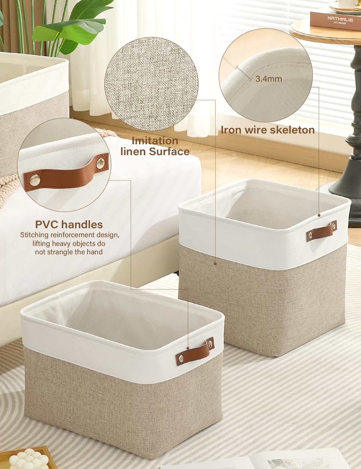 Bagnizer Set di 4 cubi organizzatori pieghevoli in tessuto per scaffali e armadi (33 cm) – Cestini con maniglie, scatola in tela impermeabile per abbigliamento, giocattoli per animali Beige & Bianco