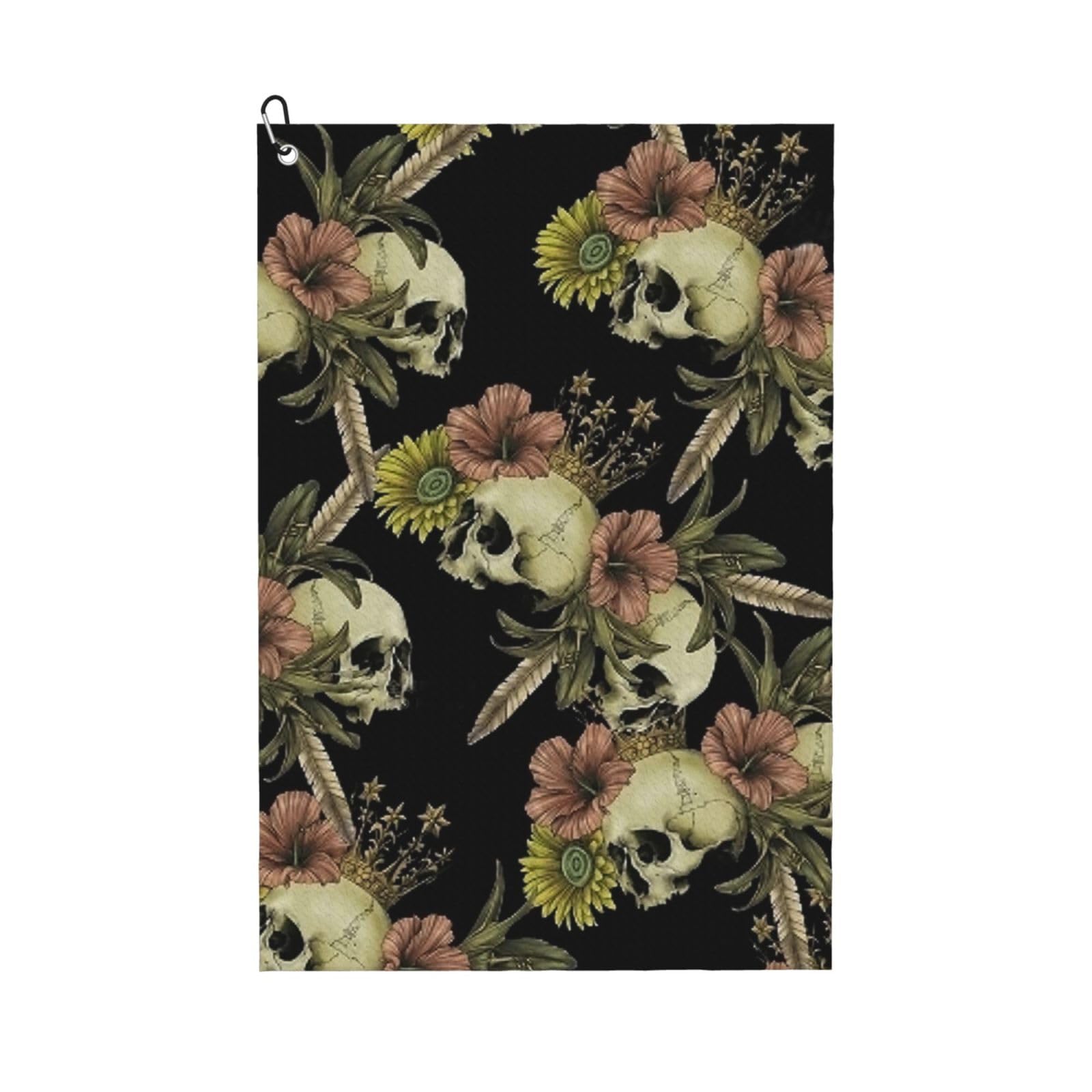 peiyeety Vintage Skull Flower Art Microfiber Golf Towel with Carabiner Clip, 16x24 Inch Absorbent Waffle Weave Towel for Golf Bags