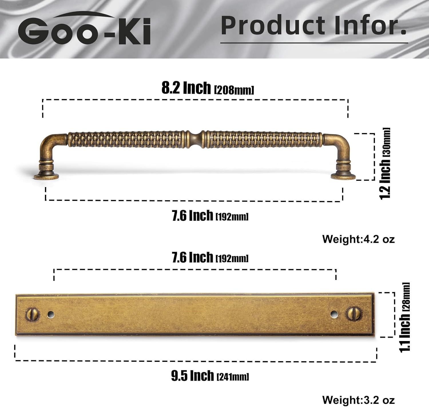 Goo-Ki 7.56" c-c Antique Brass Cabinet Pulls with Back/Base Plate Zinc Alloy Kitchen Hardware - 2 Pack Vintage Brass Bar Drawer Pull Cabinet Handles with Spacer