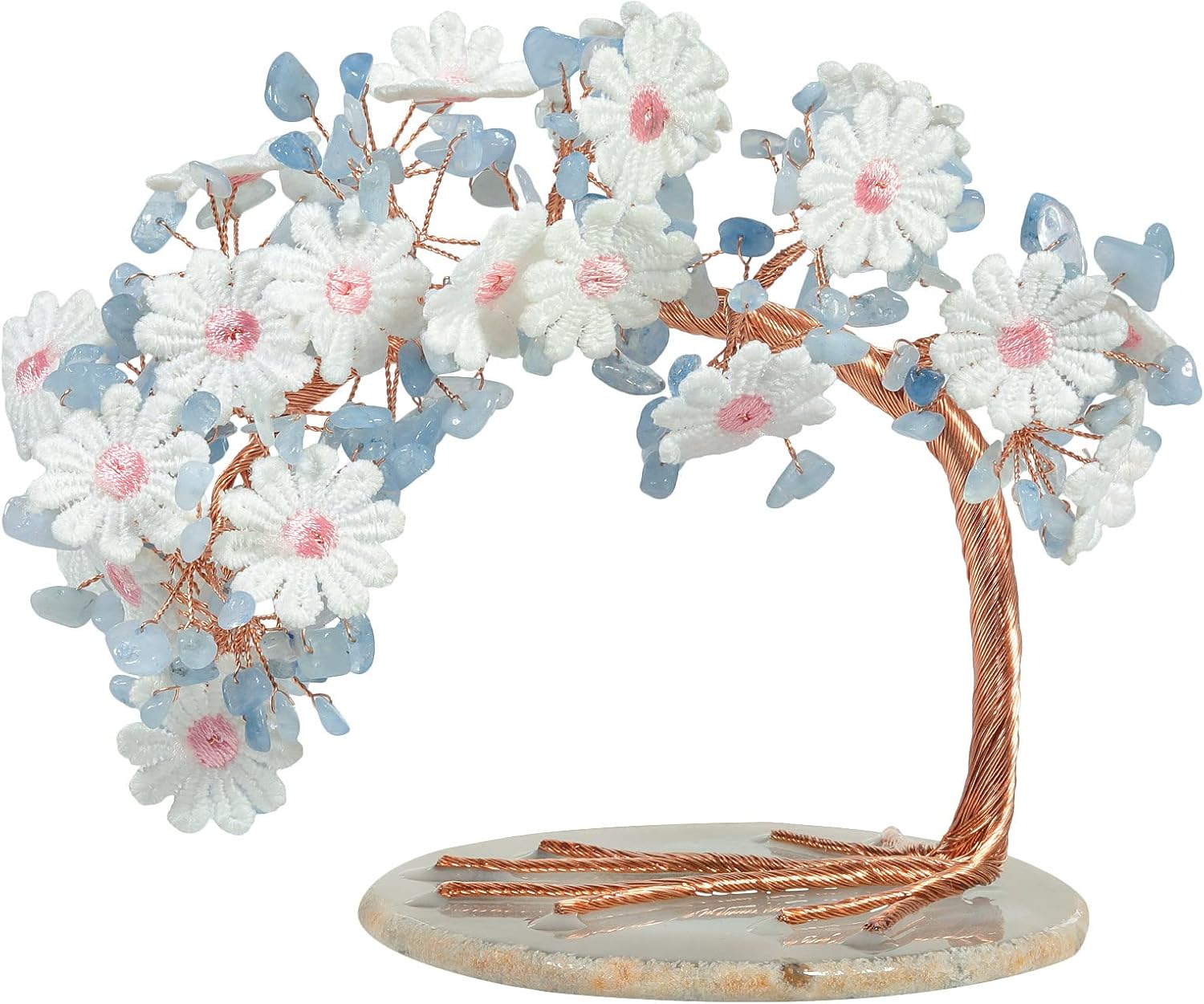 rockcloud Aquamarine Crystal Money Tree Lace Flower with Agate Slice Base, Feng Shui Gemstone Tree of Life for Home Office Desktop Decor