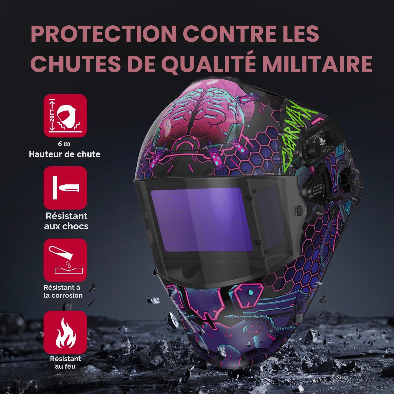 ARCCAPTAIN Grand casque de soudage automatique foncé 21,6 x 6,1 cm Masque de soudage couleur réelle avec vue latérale, large masque de soudeur pour TIG MIG ARC