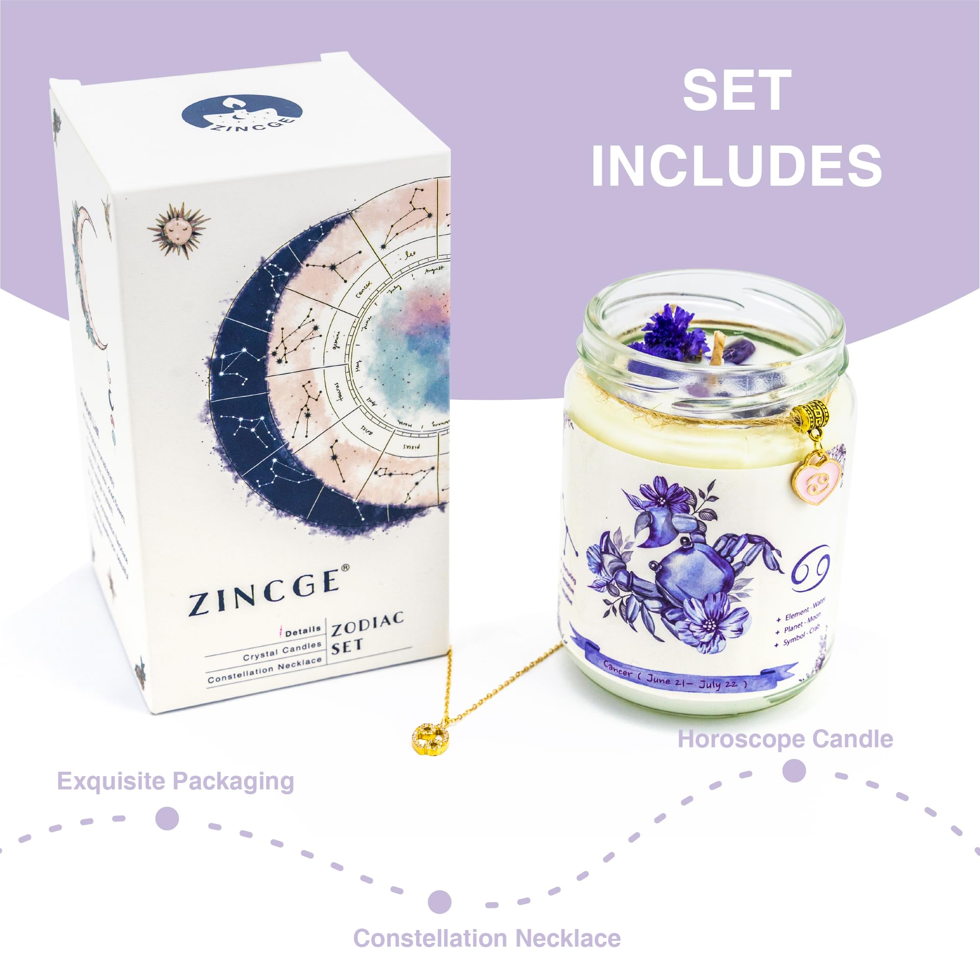 Cancer Zodiac Gift Set for Women,ZINCGE Cancer Soy Scented Candle, Cancer Necklace Pendant for Women, Zodiac Sign Crystal Candle Gifts Set,June July Astrology Gifts, Birthday Candle Gift Set