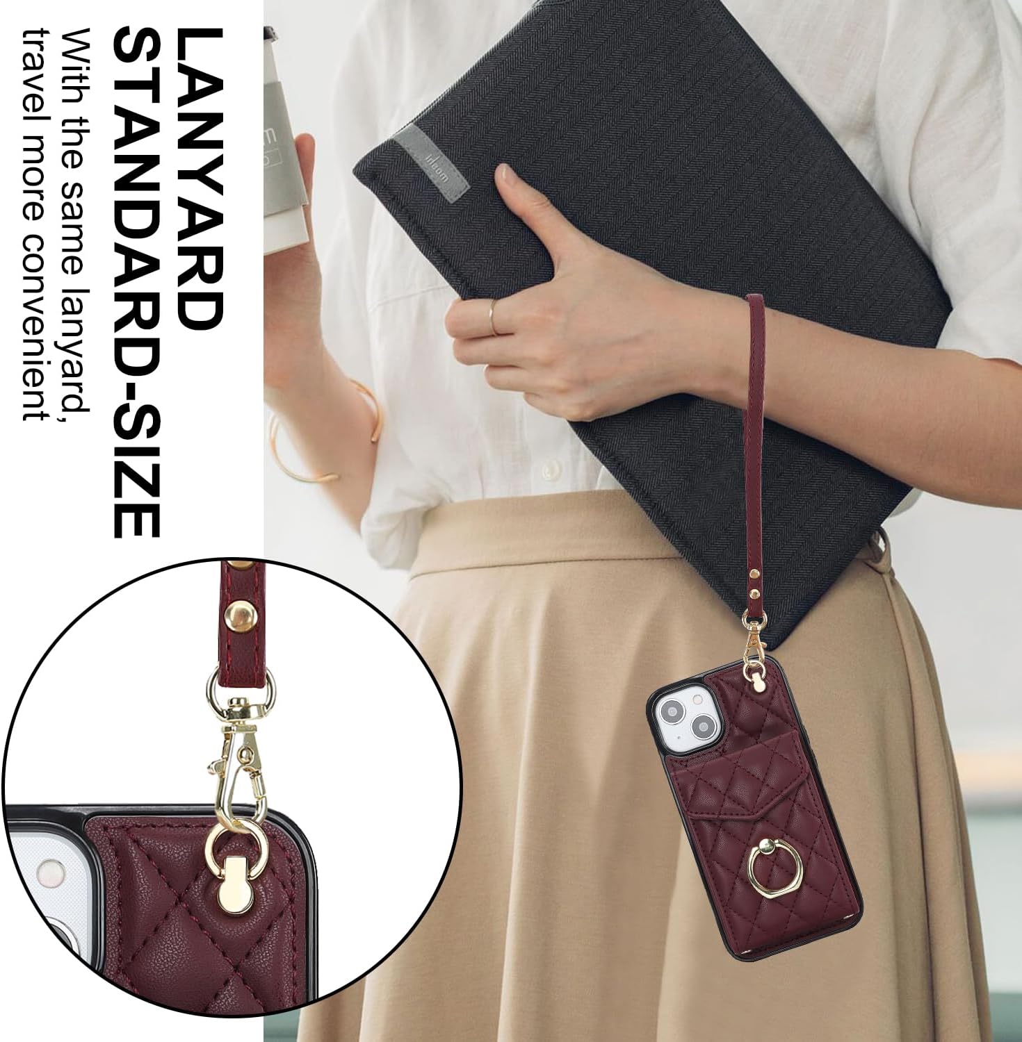 Compatible with iPhone 15 Plus 6.7 inch Wallet Case Screen Protector Wrist Strap Ring RFID Blocking Card Holder Cell Phone Cover for i-Phone 15+ iPhone15Plus 5G i i15 + iPhone15 15Plus Women Wine Red