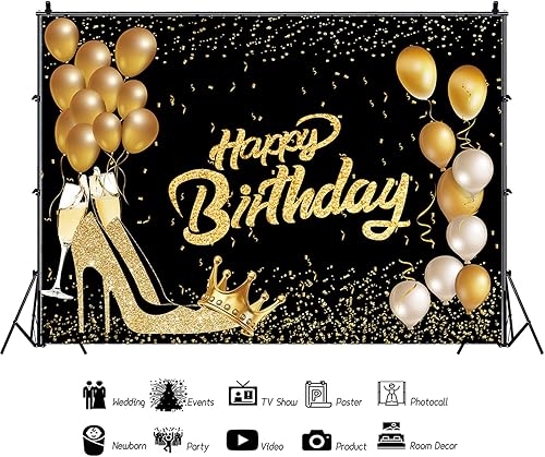 Miniatura 3 de Fondo de poliéster suave de 7 x 5 pies, color negro y dorado con purpurina brillante, globos dorados de tacón alto, fondo de fotografía para