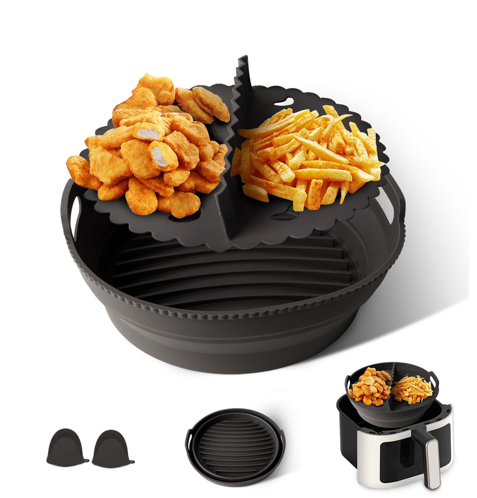 QKTYB Silicone Air Fryer Liners with Divider Mitts, Round Air Fryer Accessories for COSORI 5.5L Reusable Collapsible Non-Stick Air Fryer Basket for Ninja Speedi ON400UK for Tefal EasyFry 6.5L