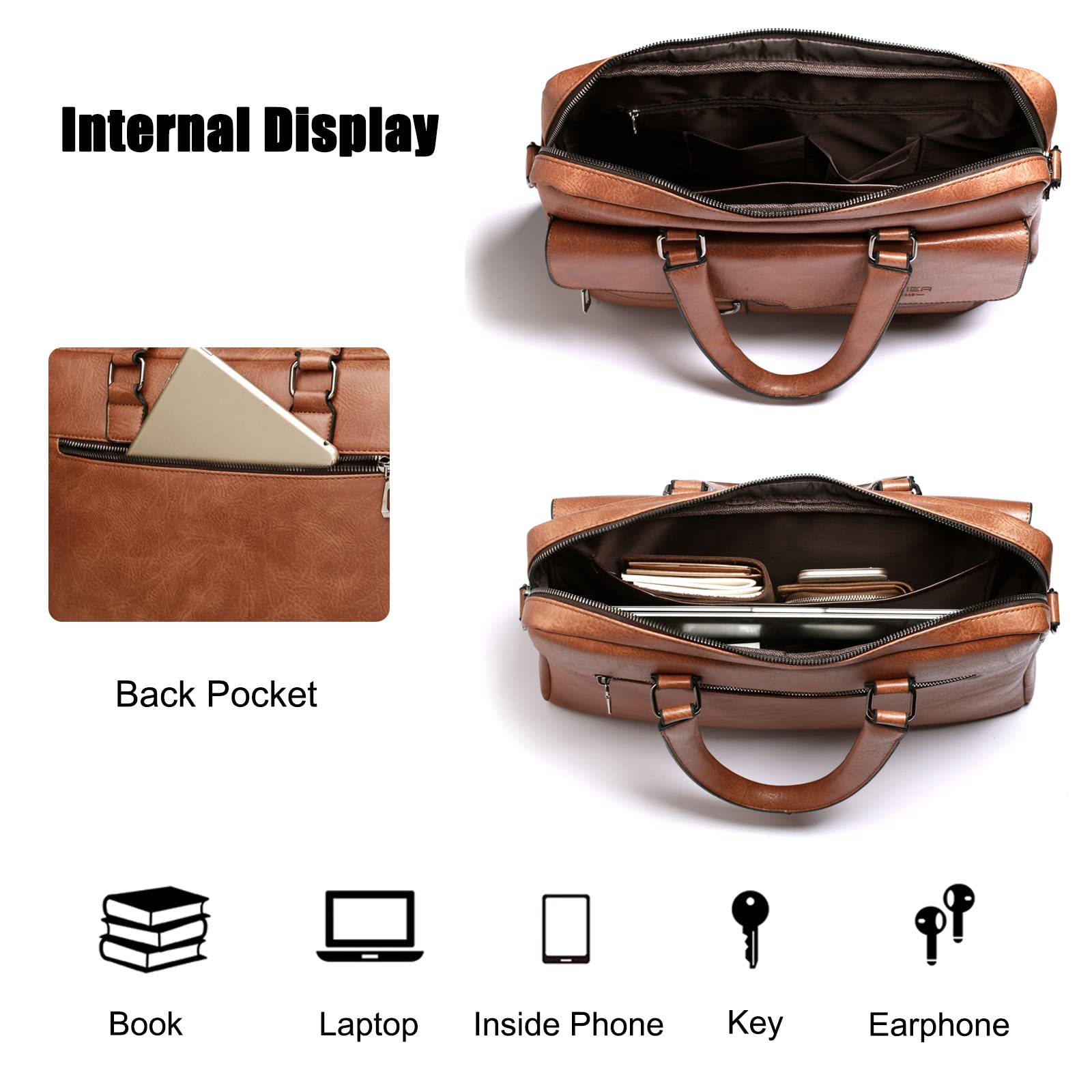 FANDARE Homme Mallettes PU Cuir Sac à Bandoulière Affaire Sac à Main Sacoche 12.9 Pouces Sac Cabas Sac à Bandoulière Sac de Cours Sacs à Main portés épaule pour Collège Cours Voyage Brun Clair