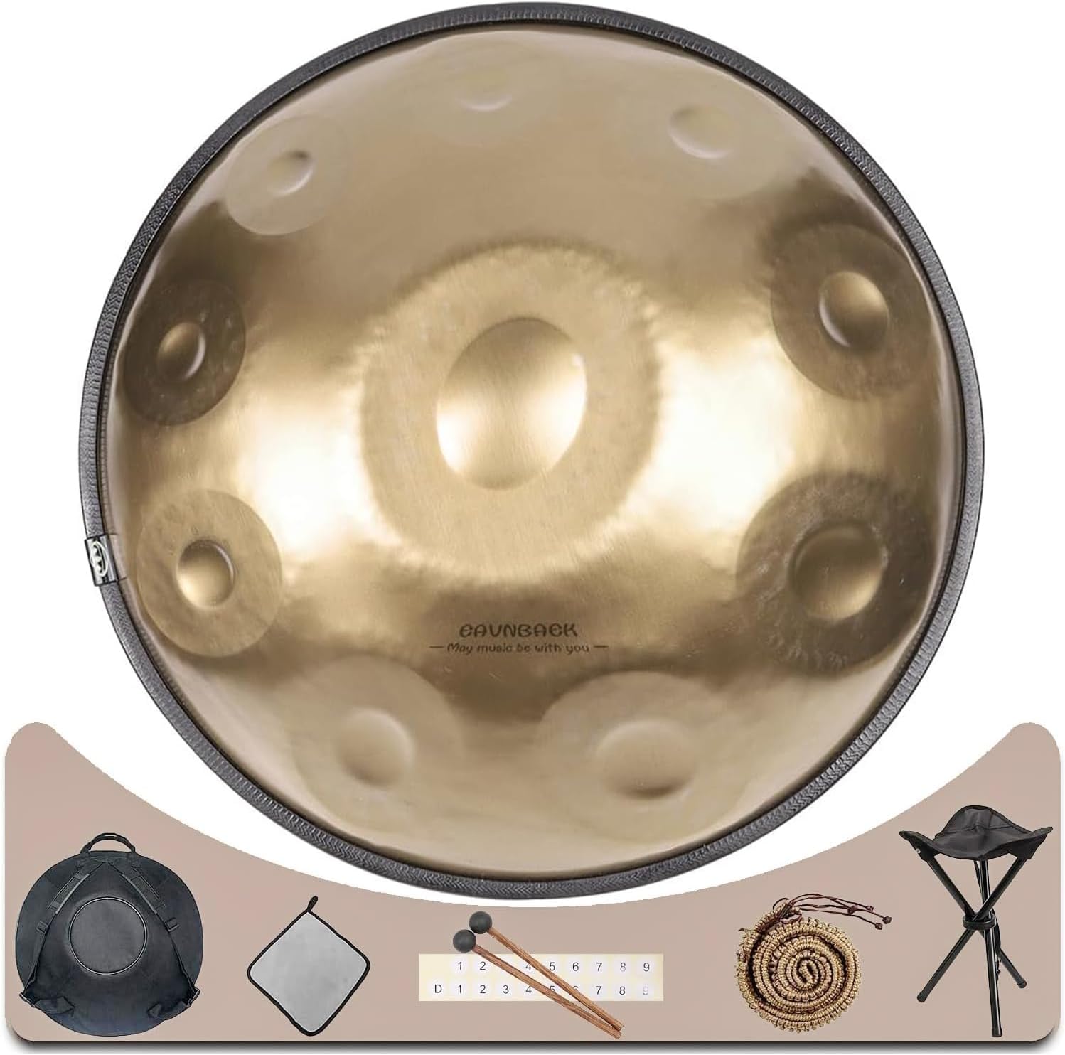 Advanced Adult Handpan, 22-Inch 10-Note 440Hz D Minor Kurd Steel Drum with Soft Bag, 2 Mallets, Stand and Dust-Free Cloth (Gold)