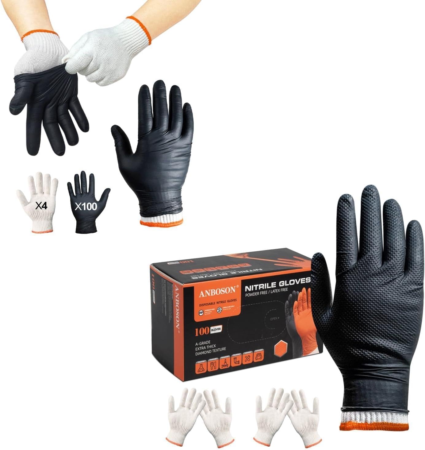 ANBOSON (10mil Nitrile, Large+(6mil Nitrile, Large) BBQ Gloves for Cooking Baking Grilling, 100 Count Disposable Nitrile Gloves and 4 Count Cotton Glove Liners Washable