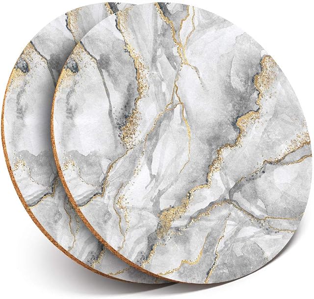 2 x Round Coasters - Grey White Gold Marble Effect Pattern - Cork Backed Home Kitchen Accessory Tea Coffee Mug Mat #24432