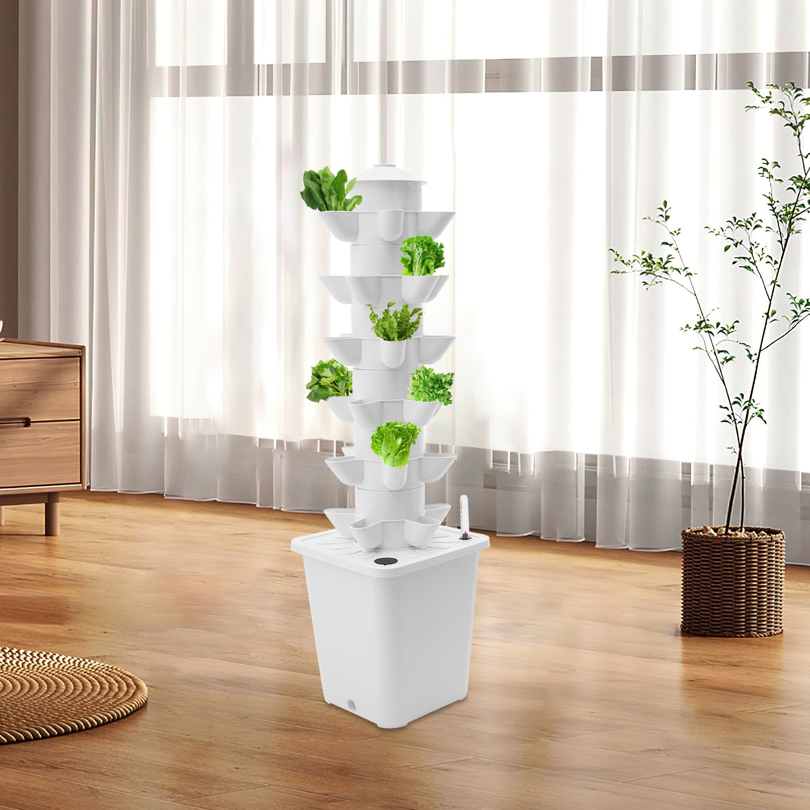 Système de culture hydroponique avec 30 pods, 6 étages, système de culture hydroponique pour herbes, fruits et légumes, kit de culture verticale pour la maison, le jardin, 26 x 26 x 86 cm, blanc