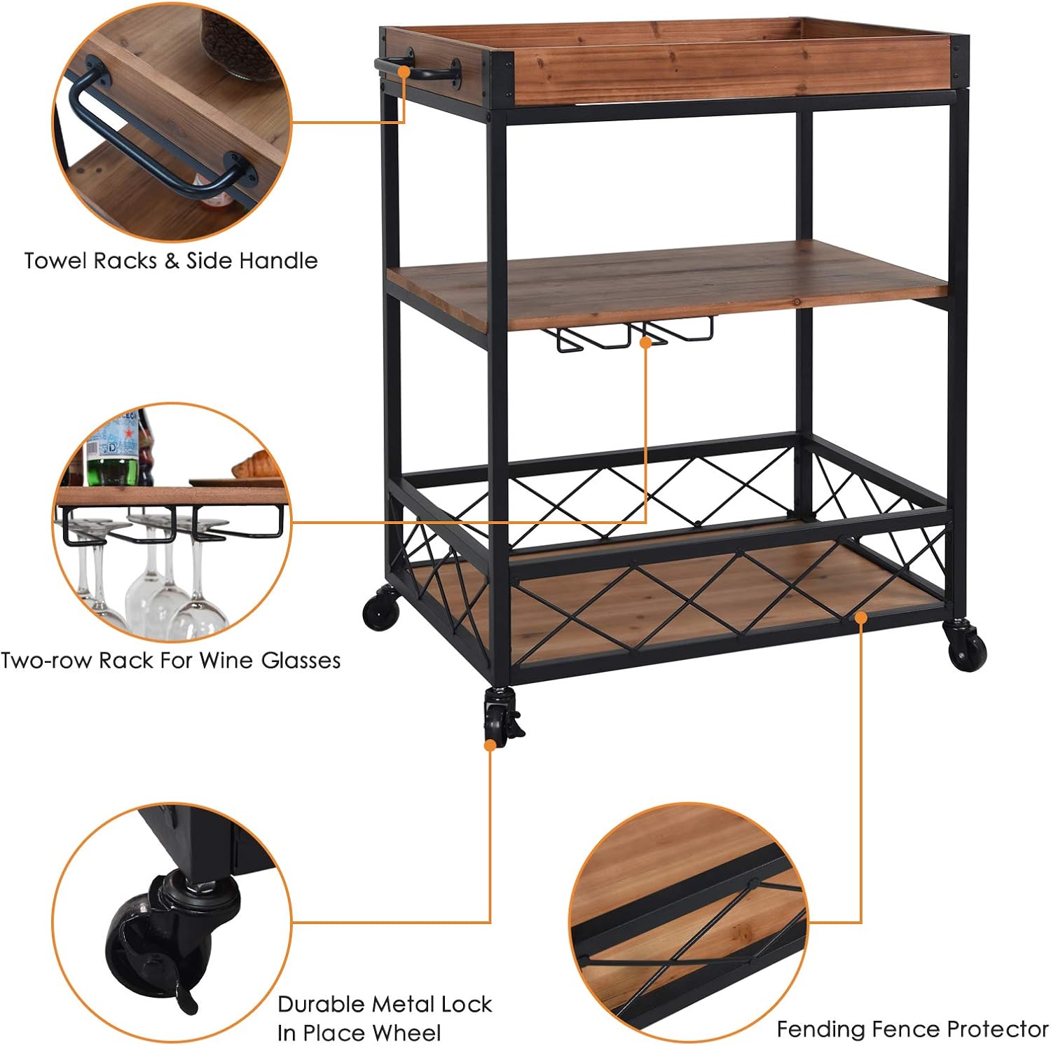 CharaVector Solid Wood Bar Serving Cart, Rolling Kitchen Storage Cart for the Home with Wine Glass Rack and Lockable Caster, Rustic Brown - Bar & Serving Carts