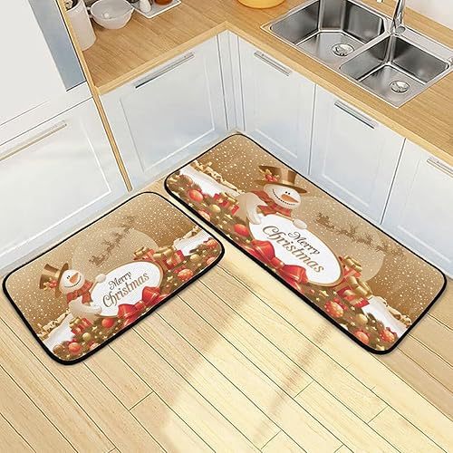 Miniatura 7 de Juego de 2 alfombras y tapetes de cocina con texto en inglés "Merry Christmas" con diseño de muñeco de nieve, 2 piezas, antideslizantes, lavables,