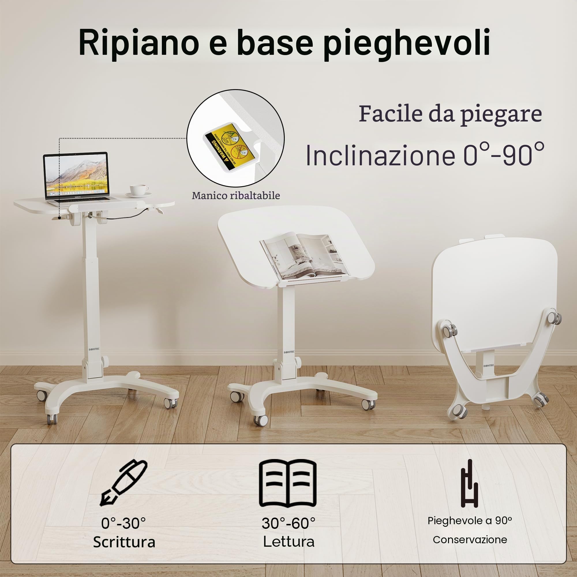BONTEC Scrivania Pieghevole Salvaspazio 65x50 cm con Ruote, Scrivania Regolabile in Altezza 75,5-111 cm, Piano Regolabile a 90°, Tavolino da Letto per PC, Facile da Riporre, Bianco