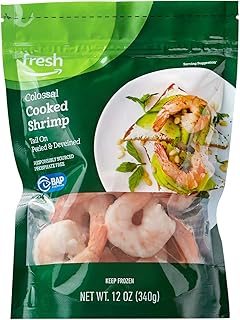 Amazon Fresh Brand, Cooked Colossal Peeled & Deveined Tail On Shrimp, Responsibly Sourced, Phosphate Free, Frozen, 12 Oz (16-20 Count/Pound)