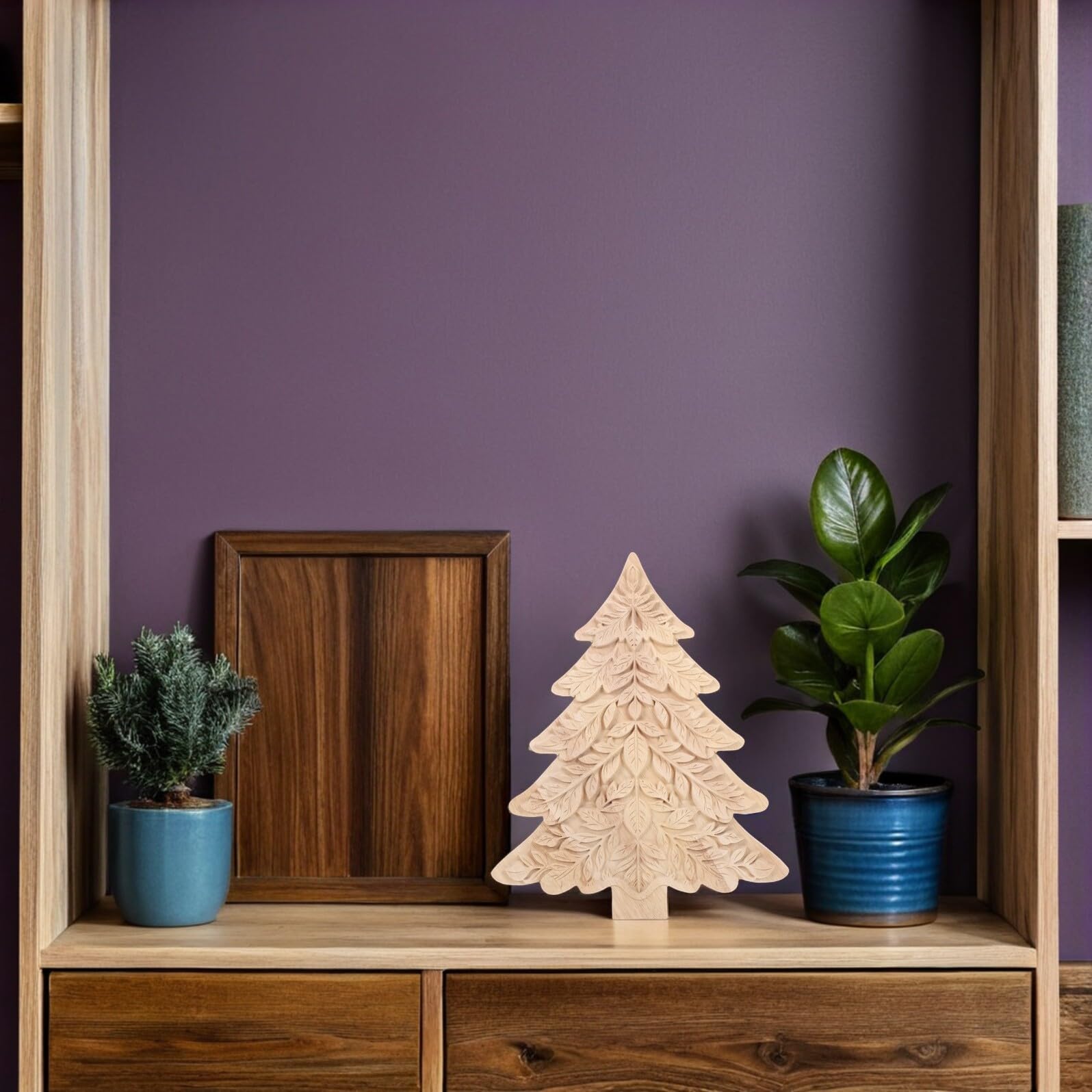 Décoration Sapin de Noël Bois Sculpté Ornements Rustiques sur Pied Éléments DIY pour Centre de Table et Cheminée Décor Hivernal Bois Naturel
