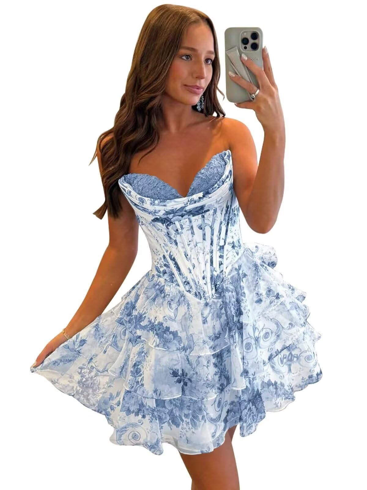 Wchecalino Floral Strapless Tiered Homecoming Dresses 2026 Short HOCO Dress Flowy Corset Ruffle Cocktail Party Gowns
