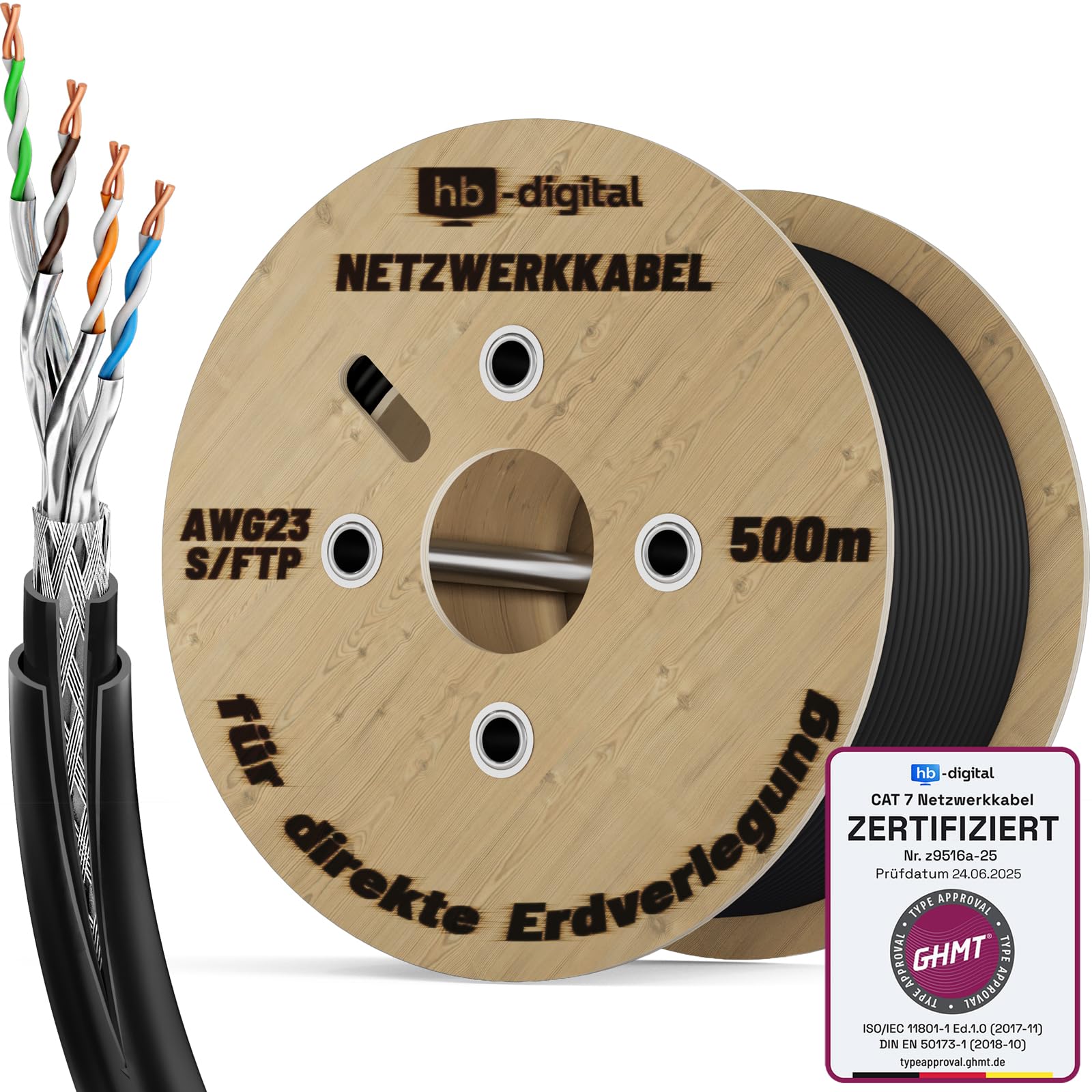 HB-DIGITAL Cable de red para exteriores (cat. 7, 500 m, para instalación directa a tierra, S/FTP AWG23/1, cobre puro, doble revestimiento, PVC + LLDPE, resistente al agua, PoE 10 Gbps, cable Ethernet