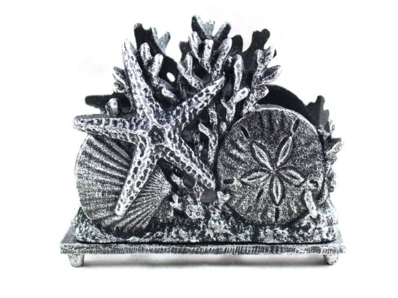 Hampton Nautical Antique Silver Cast Iron Seashell Napkin Holder 7 Inch - Seashell Decoration - Beach Kitchen Decorating