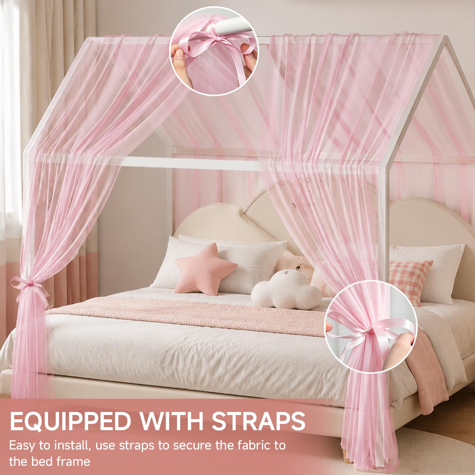 Betthimmel für Hausbett, 2 Stück Kinderzimmer Himmel 350x150cm, Hausbett Himmel aus Baumwoll-Musselin, Weich und Atmungsaktiv, Deko und Verschönerung für Jungen- und Mädchenbett, Rosa