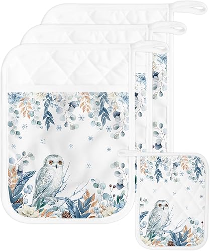 Christmas Owl 3Pcs Pot Holders for Kitchen,Non Slip & Heat Insulation Terry Cloth Potholder Set with Pocket,Thick Hot Pad Oven Mitts Trivet Coaster