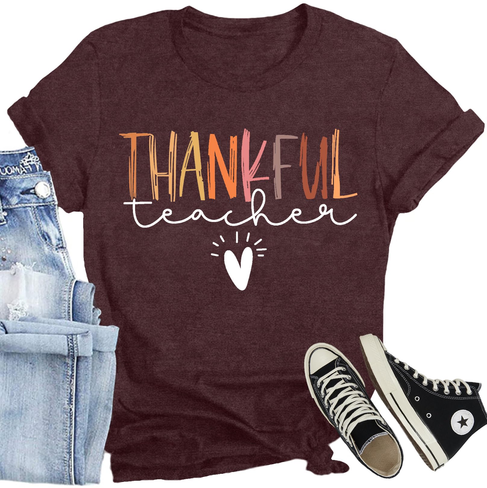 CQF Thanksgiving Shirt for Women Funny Turkey T-Shirt Cute Colorful Turkey Tee Tops Casual Fall Shirts