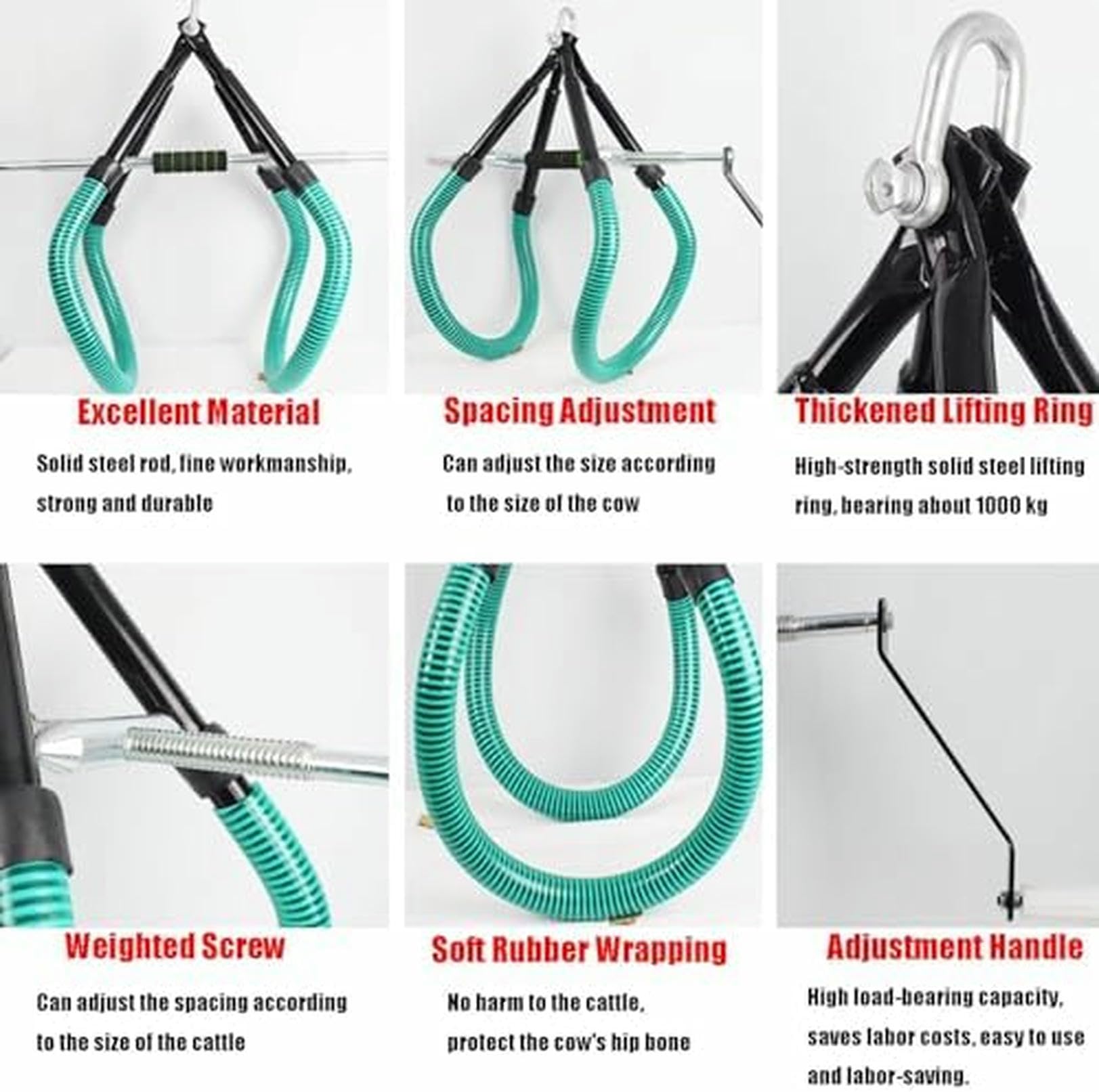 Collier de levage de hanche renforcé pour bétail, 1000 kg, cadre de levage réglable avec tube en caoutchouc antidérapant pour une manipulation sûre du bétail