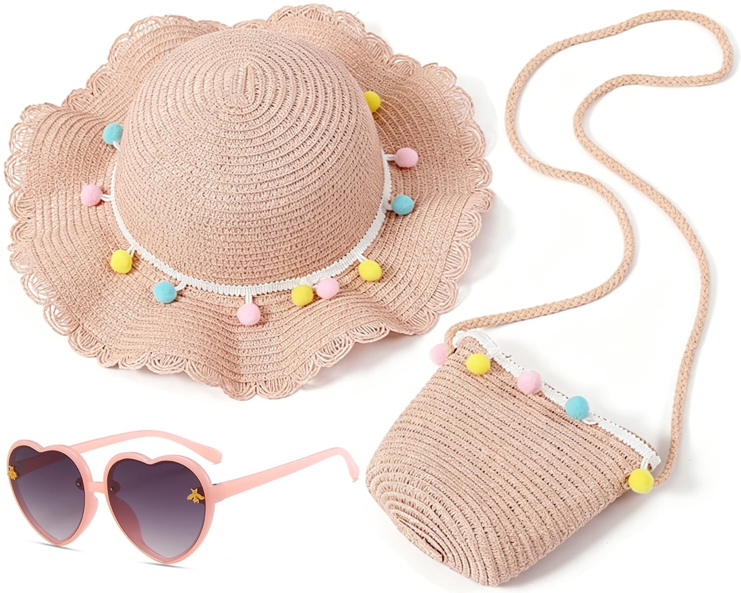 Sombrero de Paja Niñas, Gorra de Sol Chica y Bolsa de Paja Set Gorro de Playa Gafas de Sols Playa de Verano Sombrero Mini Bolsa Cruzada de Pajas Sombreros para Beach Viaje Piscina(Rosa)