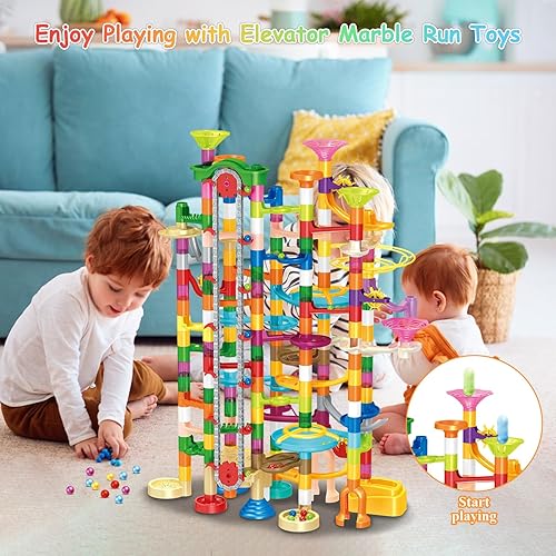 Miniatura 8 de Marble Run con elevador motorizado, 310 piezas de bloques de construcción de juegos de laberinto, juguetes con canicas de plástico brillantes de