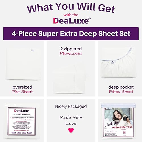 Miniatura 94 de Juego de sábanas de tamaño matrimonial – Juego de sábanas de bolsillo profundo – Juego de 4 piezas con sábana bajera de 21 pulgadas, sábana encimera