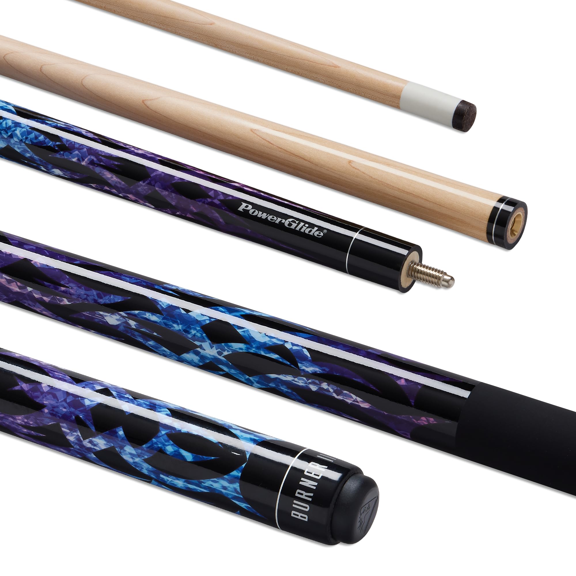 POWERGLIDE One 2-Piece Pool Cue Stick | Burner II | Maple Wood Shaft & Ramin Butt with Decal | Pool Joint with Plastic Collar | Full Size 57" | 13 mm Tip