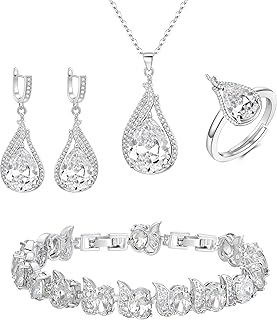 EleQueen Bridal Wedding Jewelry Sets for Bride Bridesmaid, Cubic Zirconia Silver-Tone Teardrop Crystal Pendant Necklace Da...