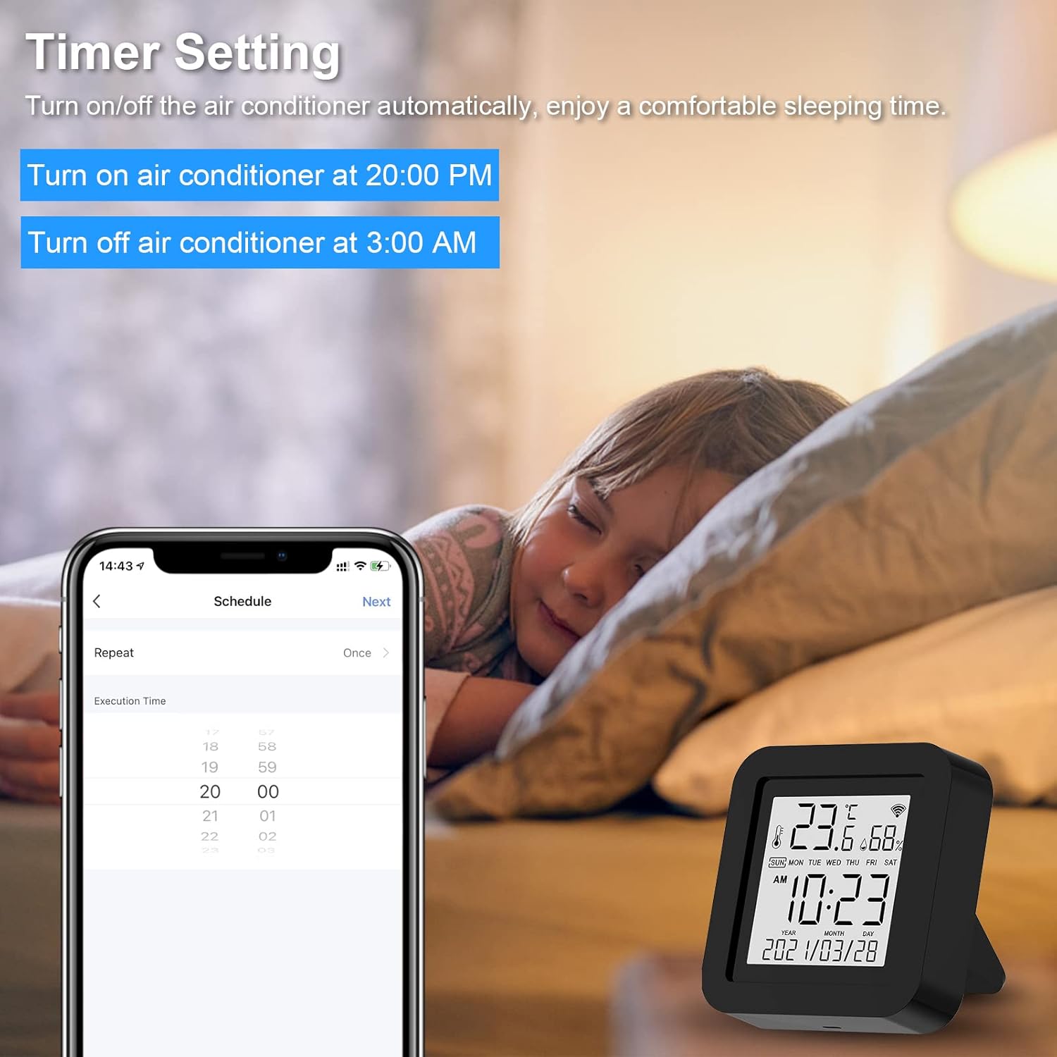 A child sleeping in a bedroom, with the Panamalar S09 device on a bedside table, and a smartphone app displaying timer settings to turn on/off an air conditioner.
