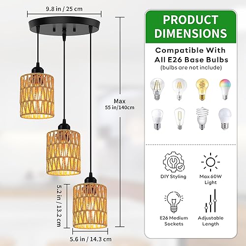 Miniatura 3 de Lámpara colgante de ratán de 3 luces, lámpara colgante bohemia con pantallas de mimbre tejidas a mano para comedor, isla de cocina, dormitorio, sala