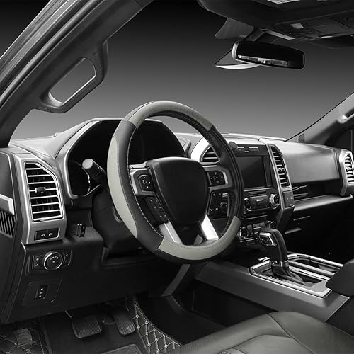 Miniatura 113 de SEG Direct Funda universal para volante de automóvil, de 15 pulgadas, piel de microfibra, color blanco y gris Negro y gris