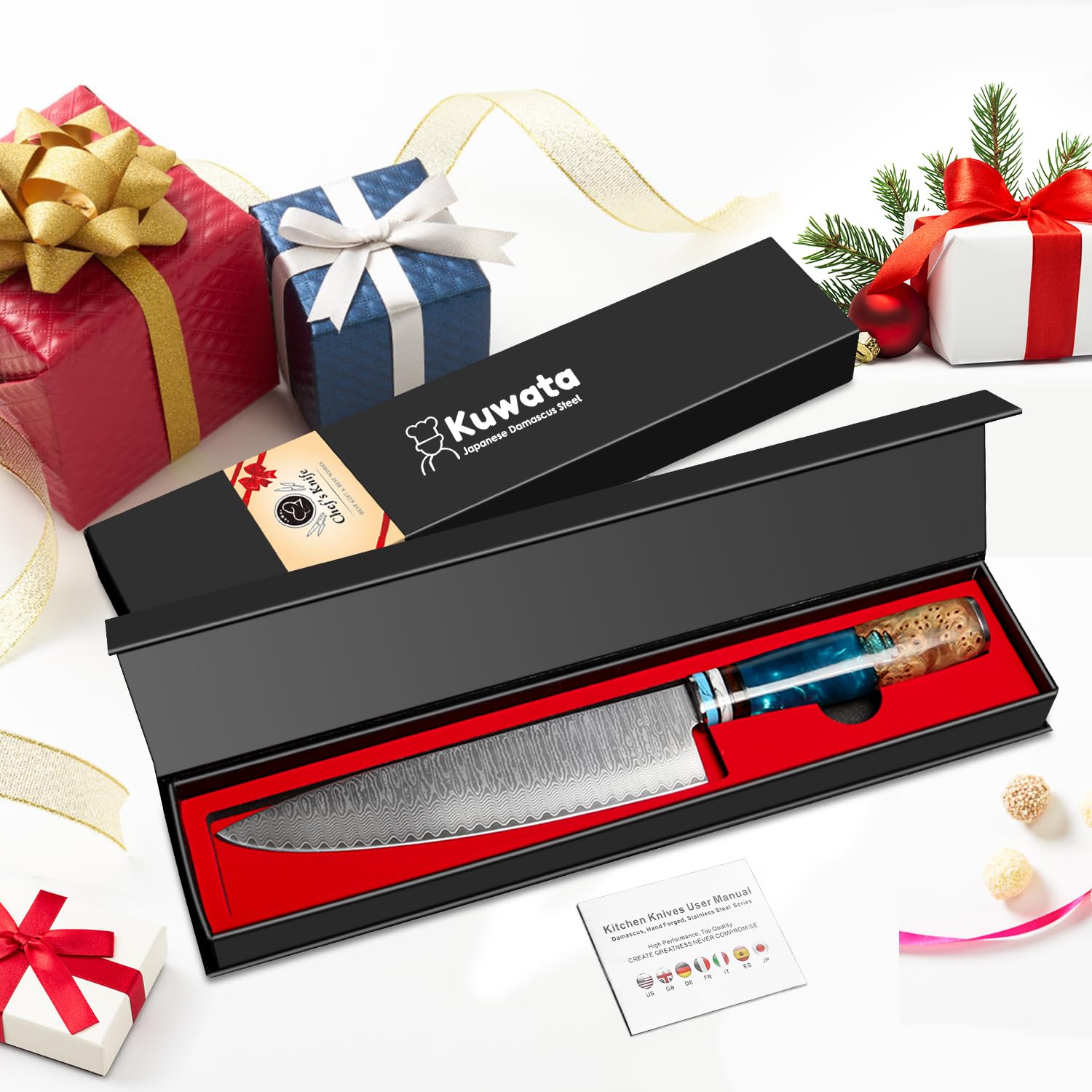 Kuwata Chef Knife, Professional Japanese VG10 Damascus Steel Kitchen Chefs Knife 8 Inch, Razor Sharp Professional Meat Cutting Knife with Gift Box for Family, Restaurant — Amazon image 8