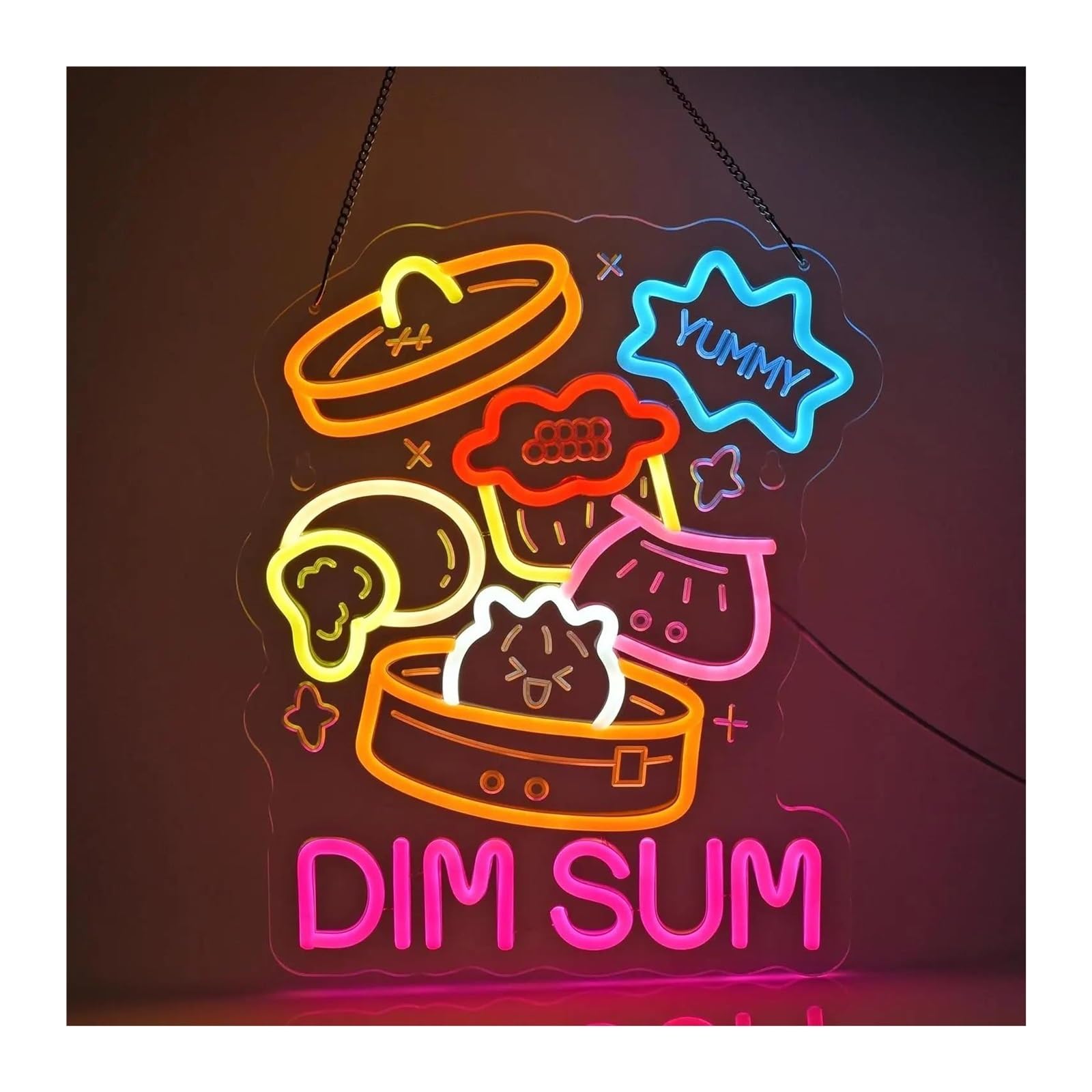 XENITE Hanging Art Neon Signs DIM Sum Neon Sign Yummy USB Dimmable for Dim Sum Restaurants, Brunch Spots & Home Kitchens 32x38cm