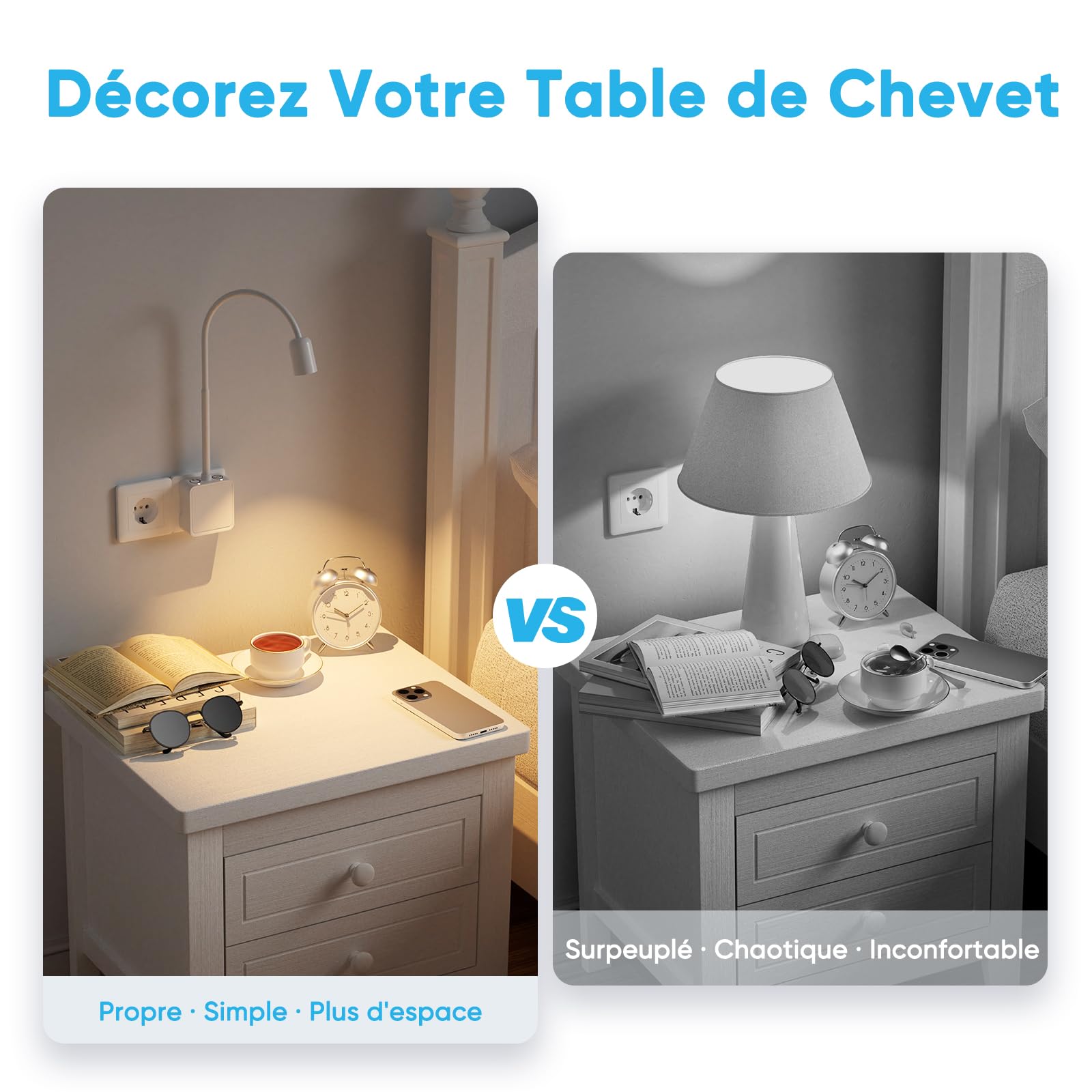Liseuse Lampe de Lecture Chevet Applique Murale Spot LED sur Prise pour Éclairage de Chambre Cuisine Salon, 2 Pack Blanche Lampes, Deux Interrupteur Tactile, 3 Couleurs Eclairage