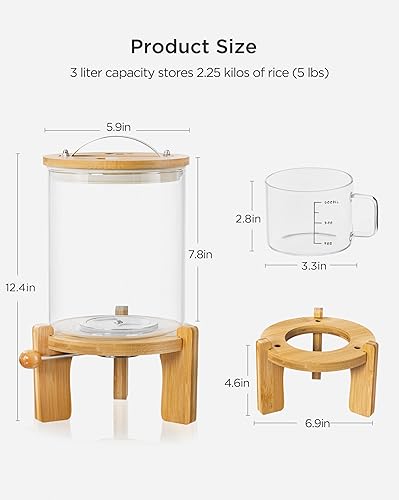 Miniatura 2 de HBlife Dispensador de arroz de vidrio de 5 a 7 libras con soporte de madera, contenedor de harina y cereales con taza medidora de vidrio, despensa,