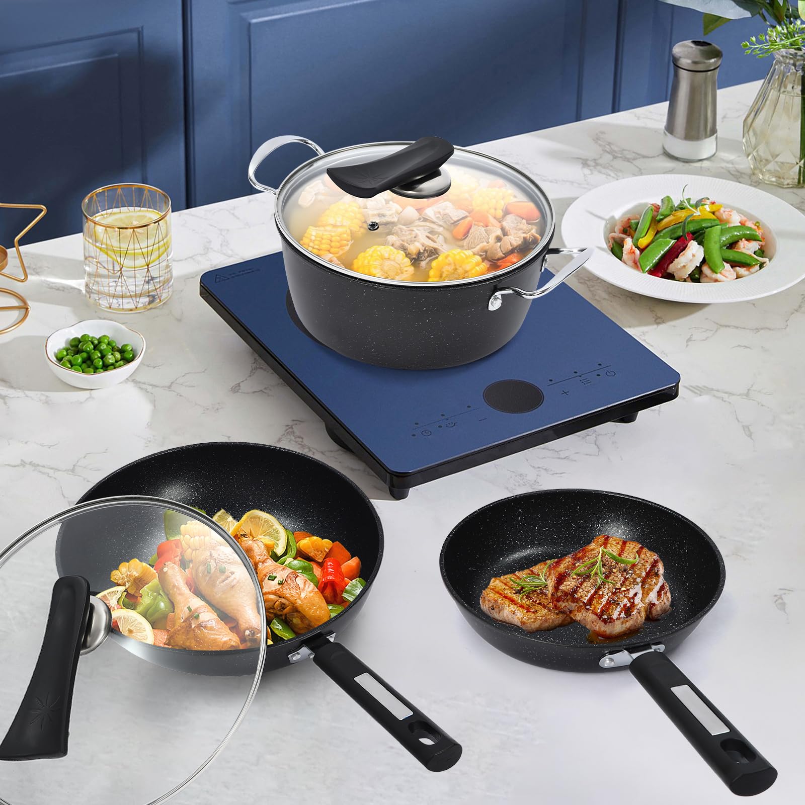 Juego de 3 piezas de sartén Wok con revestimiento antiadherente Woks con espátula de madera, para cocina de gas, cocina de inducción, cocina de cerámica